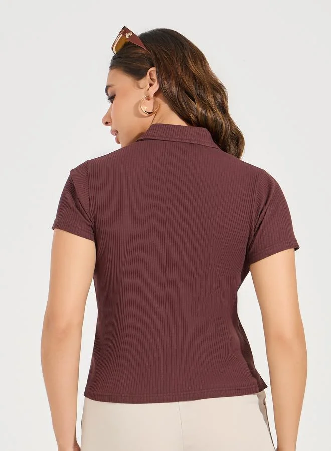Styli Styli Regular Fit Ribbed Polo T-Shirt with Side Slit
