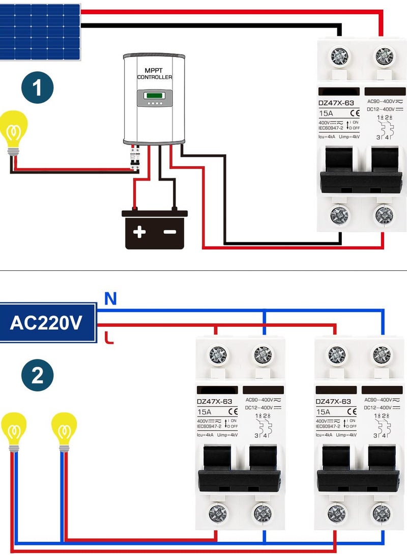 SYOSI - Miniature Circuit Breaker 15 Amp DC Solar Disconnect Switch, 12-400V, DIN Rail Mount, AC DC Universal Circuit Breaker - Image 1