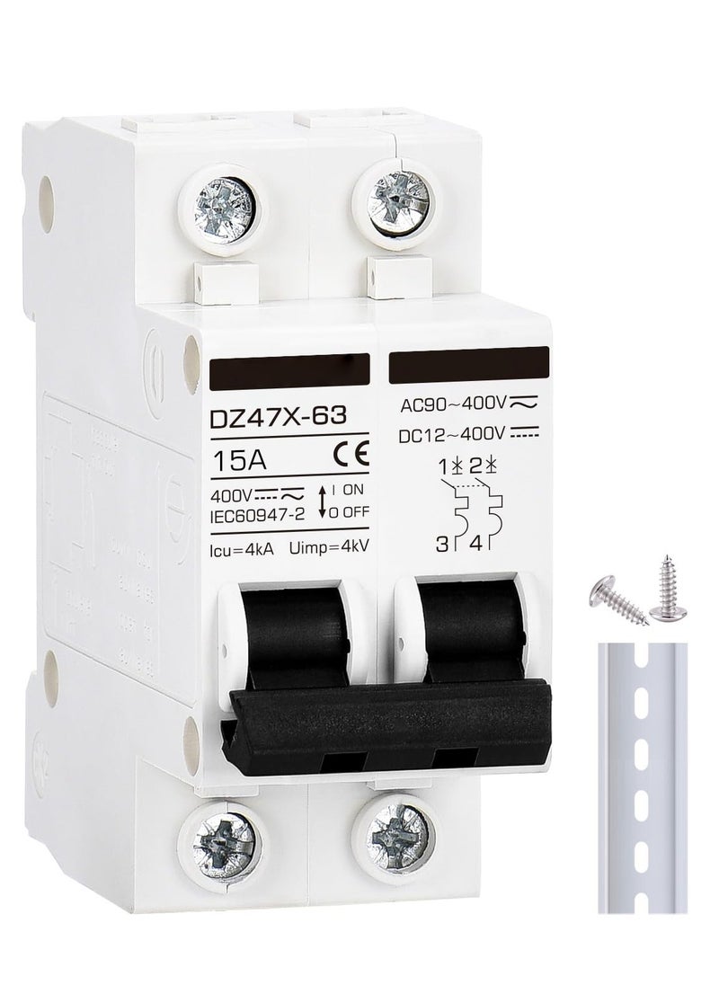 SYOSI - Miniature Circuit Breaker 15 Amp DC Solar Disconnect Switch, 12-400V, DIN Rail Mount, AC DC Universal Circuit Breaker - Image 1