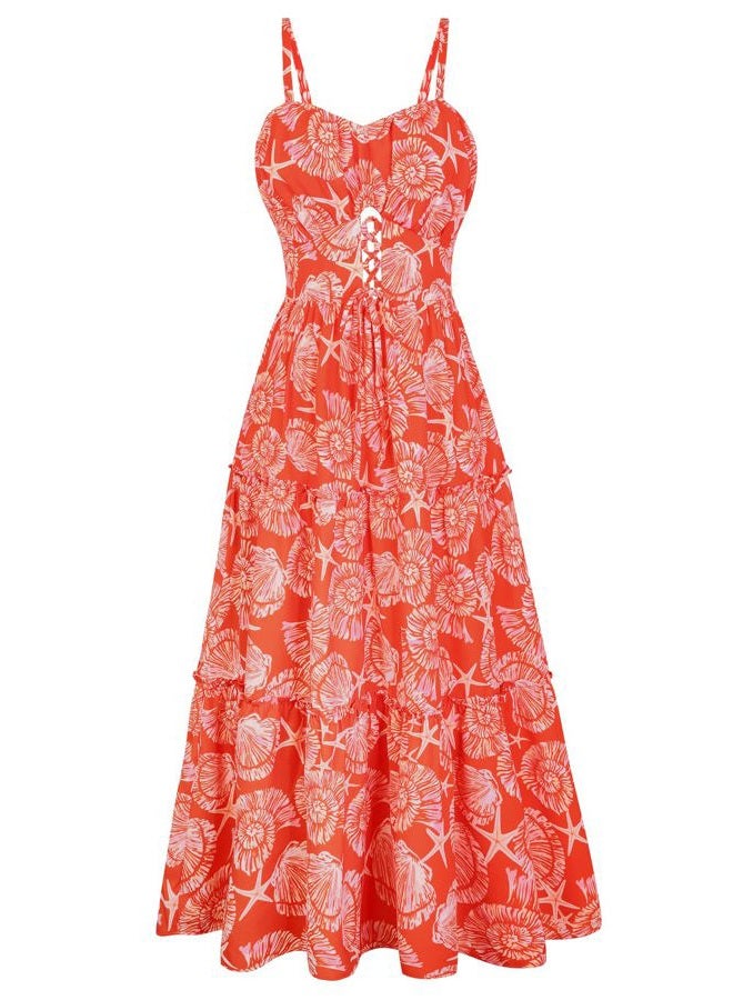 GRACE KARIN Women's Summer Floral Dress 2026 Spaghetti Strap Smocked Tiered Casual Boho Maxi Long Sundress with Pockets, Orange White Floral, XL - Image 1