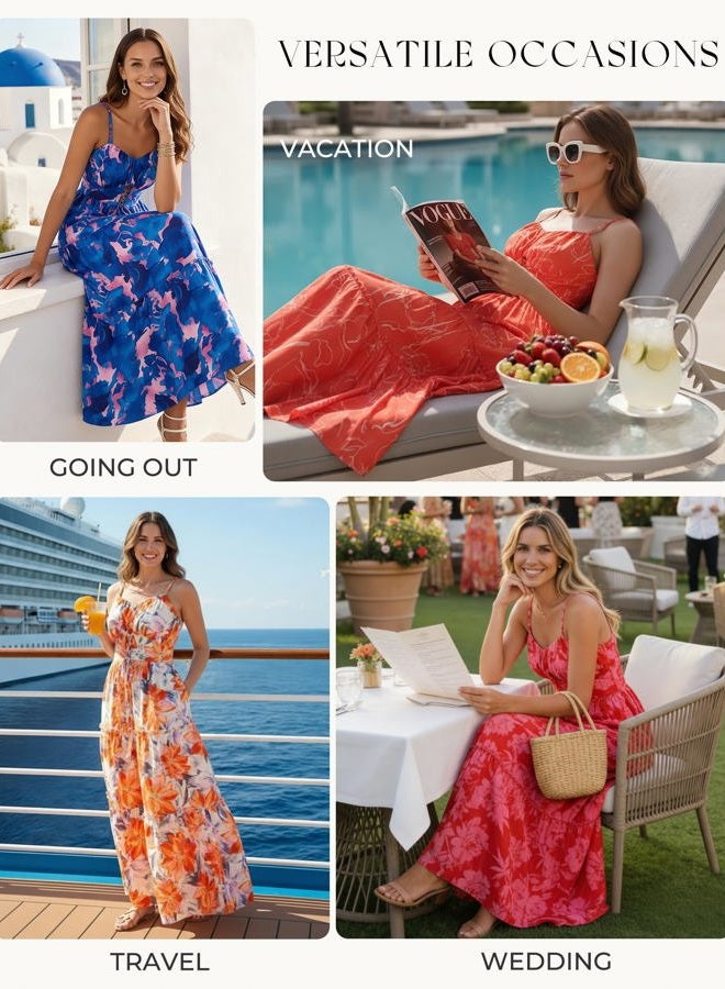 GRACE KARIN Women's Summer Floral Dress 2026 Spaghetti Strap Smocked Tiered Casual Boho Maxi Long Sundress with Pockets, Orange White Floral, XL - Image 5