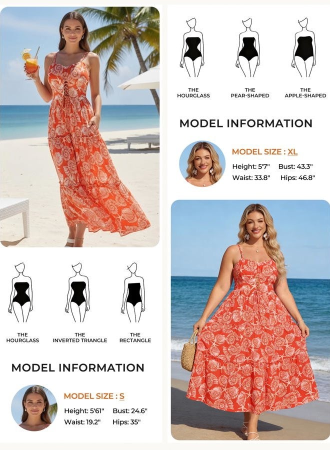 GRACE KARIN Women's Summer Floral Dress 2026 Spaghetti Strap Smocked Tiered Casual Boho Maxi Long Sundress with Pockets, Orange White Floral, XL - Image 4