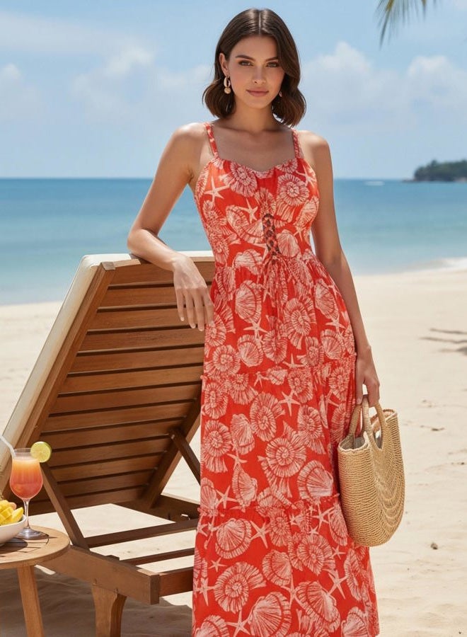 GRACE KARIN Women's Summer Floral Dress 2026 Spaghetti Strap Smocked Tiered Casual Boho Maxi Long Sundress with Pockets, Orange White Floral, XL - Image 2