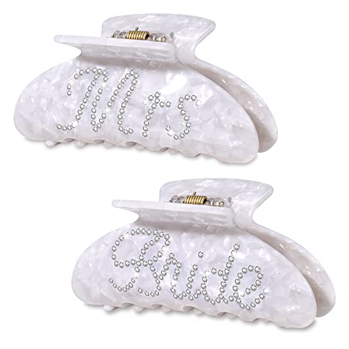 HZEYN 2 Pack Rhinestone Mrs Acetate Hair Claw Clips for Thick Hair - White, Bachelorette Party Favors, Bridal Accessories, Bride Gifts - Image 1