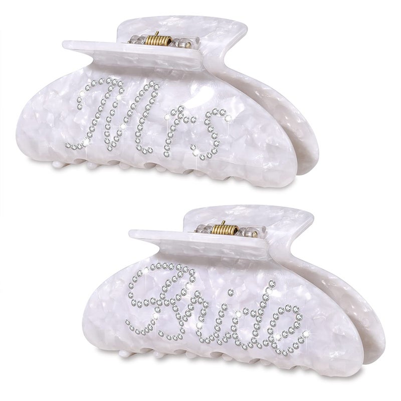 HZEYN 2 Pack Rhinestone Mrs Acetate Hair Claw Clips for Thick Hair - White, Bachelorette Party Favors, Bridal Accessories, Bride Gifts - Image 3