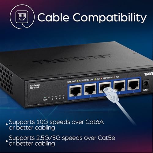 TRENDnet 5-Port 10G Switch, TEG-S750, 5 x 10G RJ-45 Ports, 100Gbps Switching Capacity, Supports 2.5G and 5G-Base-T Connections, Ethernet Splitter, NDAA & TAA Compliant, Lifetime Protection, Black - Image 5
