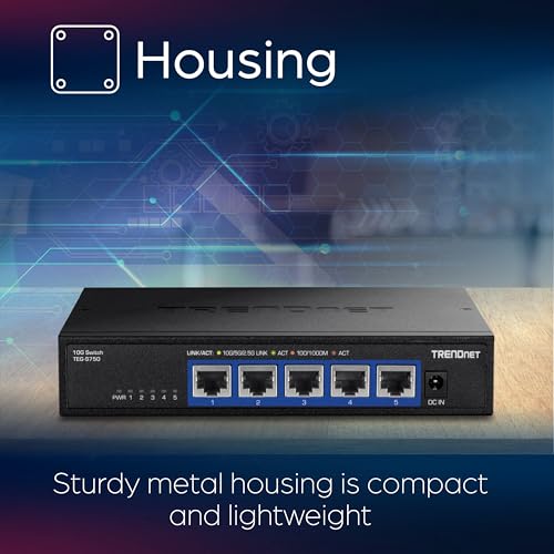TRENDnet 5-Port 10G Switch, TEG-S750, 5 x 10G RJ-45 Ports, 100Gbps Switching Capacity, Supports 2.5G and 5G-Base-T Connections, Ethernet Splitter, NDAA & TAA Compliant, Lifetime Protection, Black - Image 3