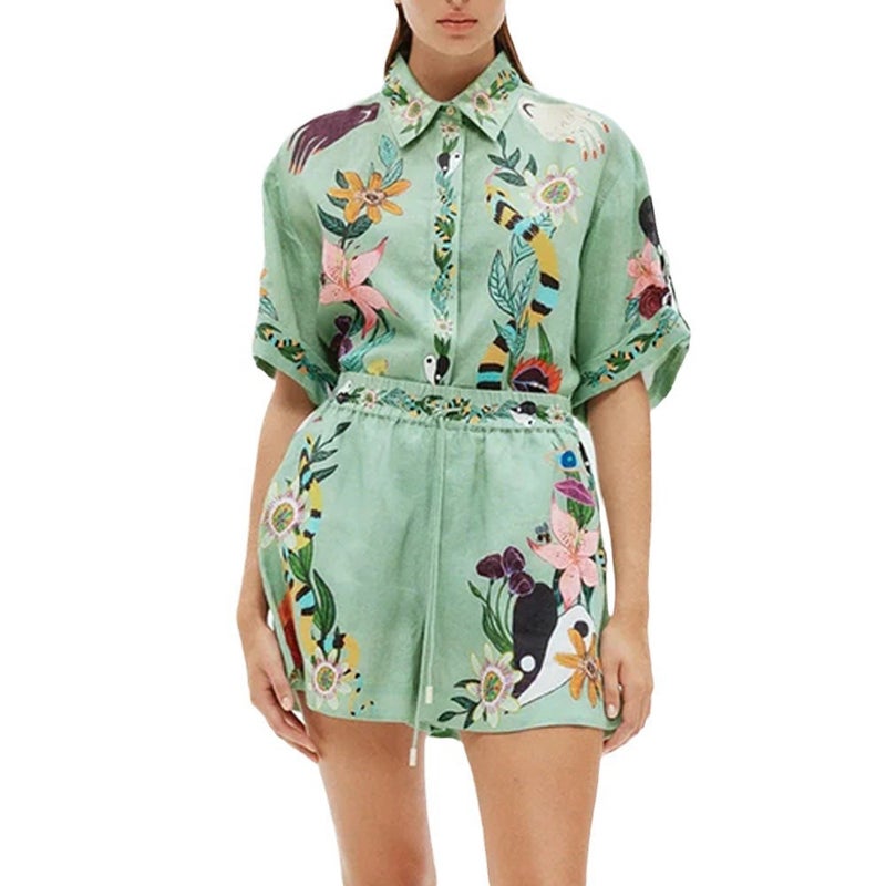 Cross-border 2024 Summer European and American Foreign Trade Womens Clothing AliExpress Shirt Shorts Loose Printed Set Casual Two-piece Set Green