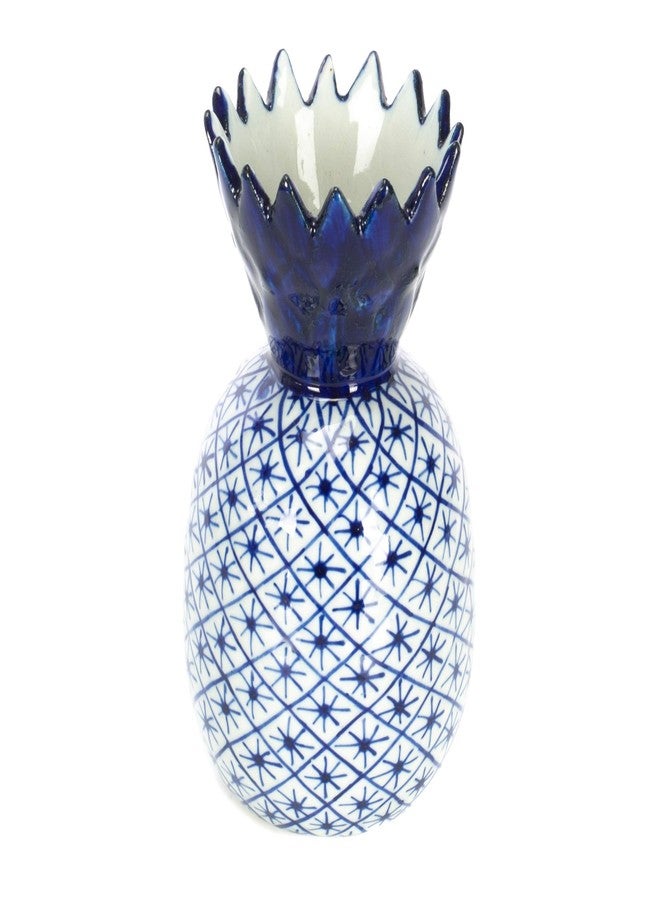 Sea Island Small Pineapple Narrow Neck Glossy Blue and White 6 inch Porcelain Ceramic Vase - Image 3