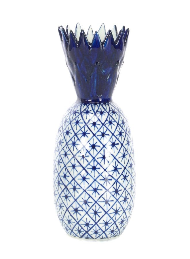 Sea Island Small Pineapple Narrow Neck Glossy Blue and White 6 inch Porcelain Ceramic Vase - Image 1