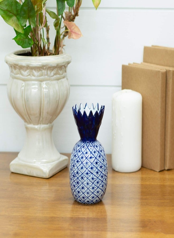 Sea Island Small Pineapple Narrow Neck Glossy Blue and White 6 inch Porcelain Ceramic Vase - Image 2