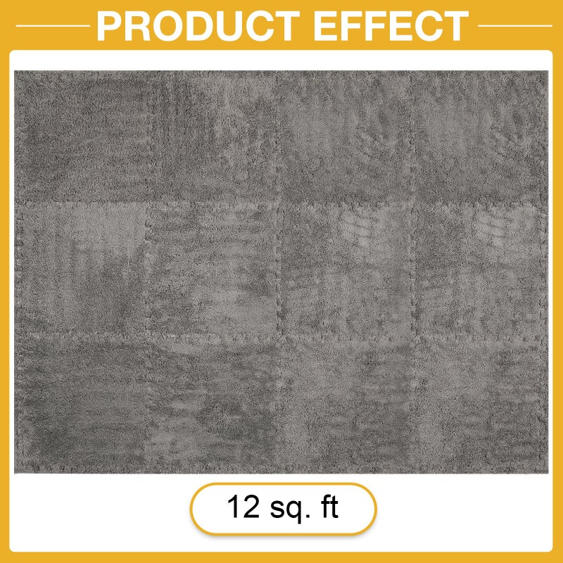 ZENOWICK 12 Pcs Plush Interlocking Carpet Tiles, Non-Toxic Shaggy Foam Carpet Tiles for Toddler Baby, Anti-Slip, EVA Foam Interlocking Tiles for Floor, Nursery, Playroom, Grey - Image 4