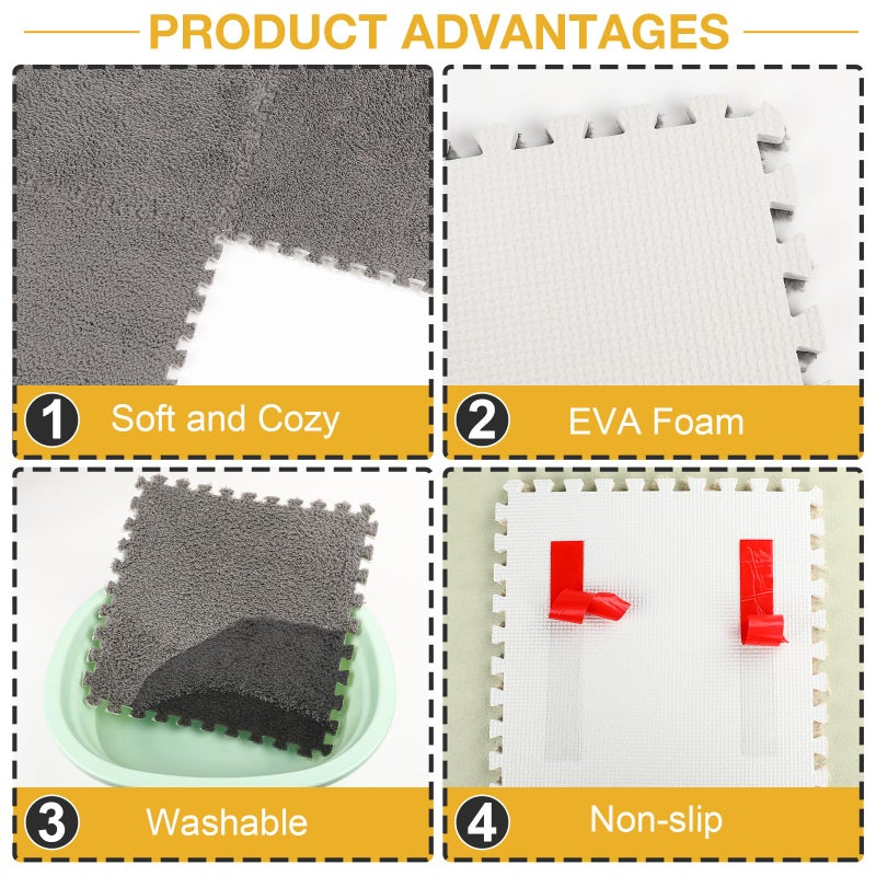 ZENOWICK 12 Pcs Plush Interlocking Carpet Tiles, Non-Toxic Shaggy Foam Carpet Tiles for Toddler Baby, Anti-Slip, EVA Foam Interlocking Tiles for Floor, Nursery, Playroom, Grey - Image 5