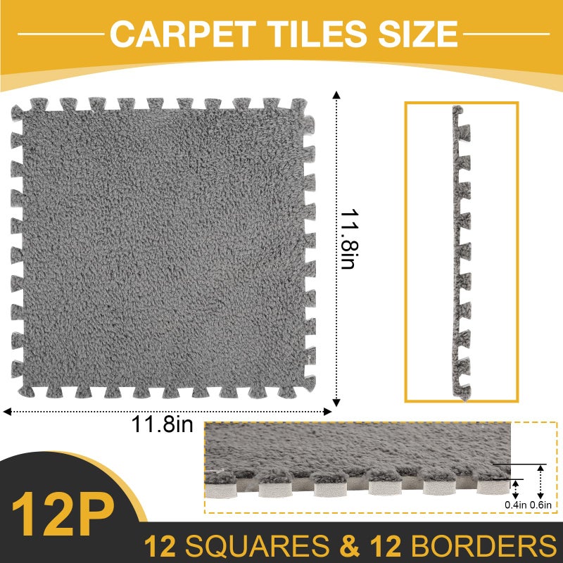 ZENOWICK 12 Pcs Plush Interlocking Carpet Tiles, Non-Toxic Shaggy Foam Carpet Tiles for Toddler Baby, Anti-Slip, EVA Foam Interlocking Tiles for Floor, Nursery, Playroom, Grey - Image 3
