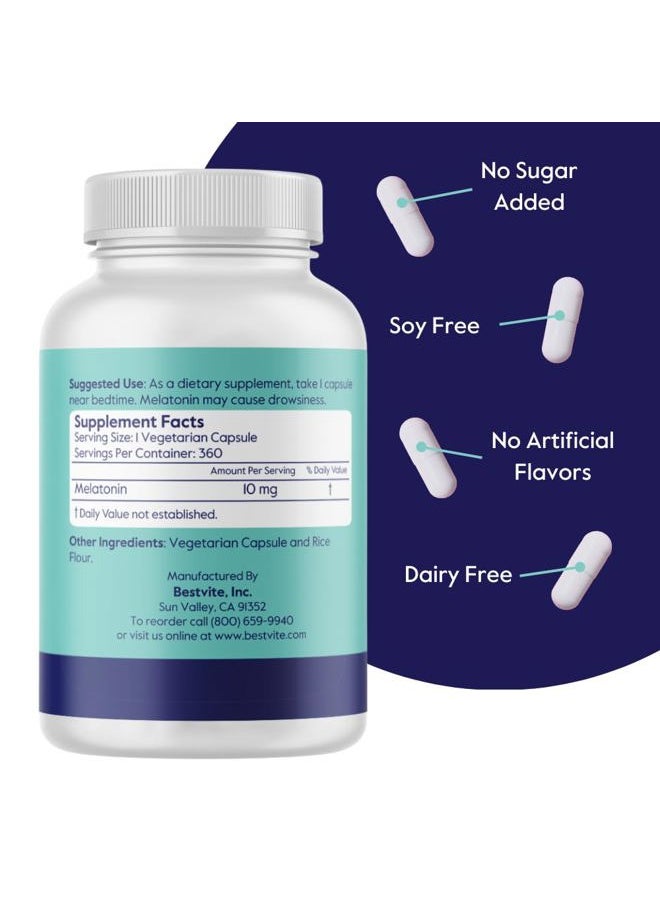 BESTVITE Melatonin 10 mg - 360 Veg Caps - No Stearates - No Sucralose, No Dextrose, No Silicon Dioxide, No Mannitol - Vegan - Non-GMO - Gluten-Free - Sleep Aid to Support Rest & Wake Cycles  - Image 2