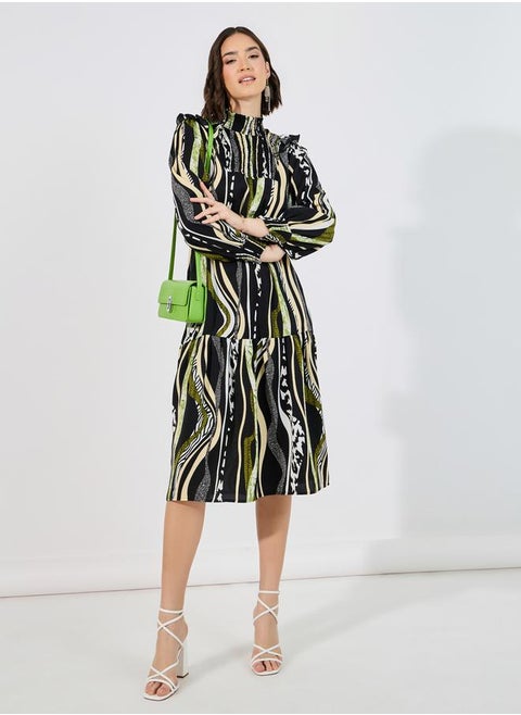 Abstract Print Shirred A-Line Midi Dress