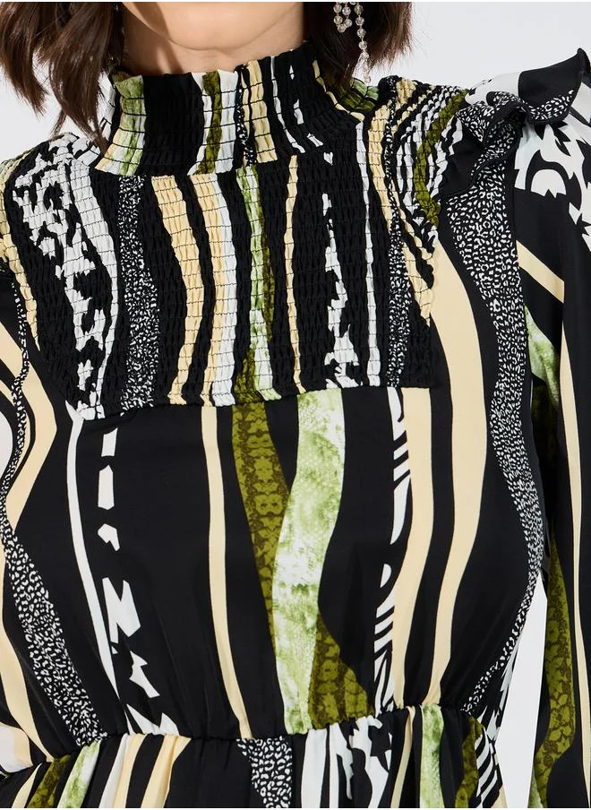 Styli Abstract Print Shirred A-Line Midi Dress