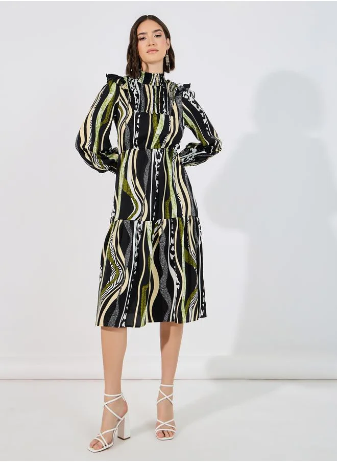 Styli Abstract Print Shirred A-Line Midi Dress