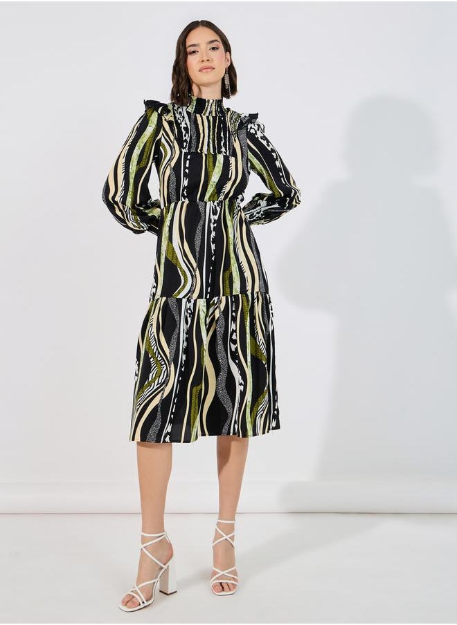 Styli - Abstract Print Shirred A-Line Midi Dress - Image 1