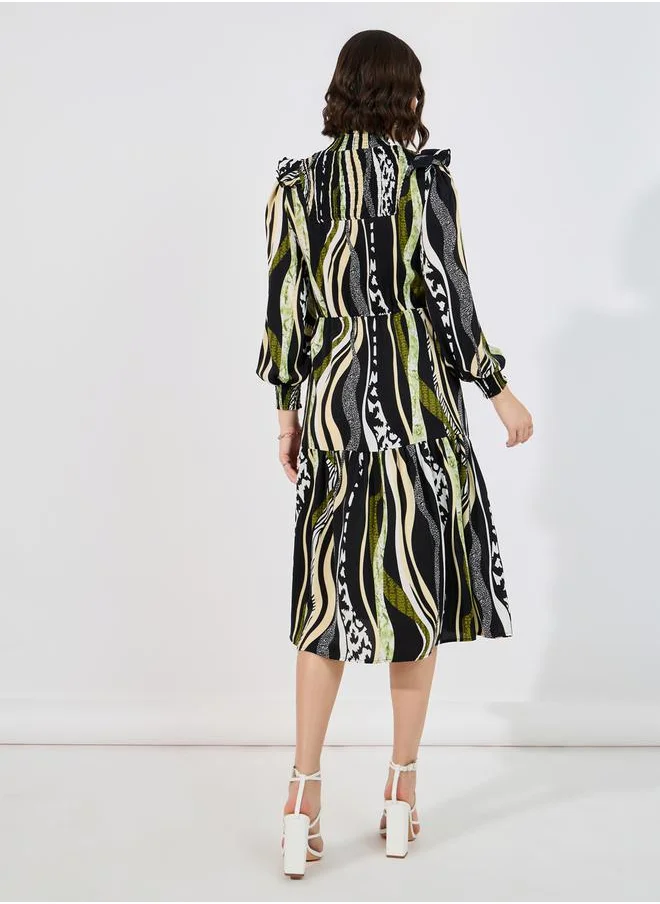 Styli Abstract Print Shirred A-Line Midi Dress