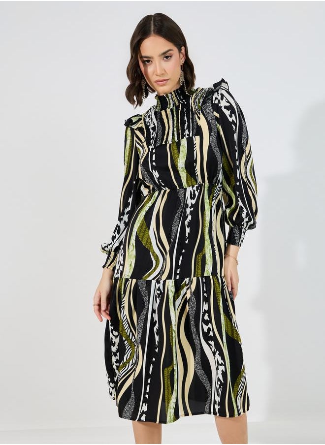 Styli - Abstract Print Shirred A-Line Midi Dress - Image 1