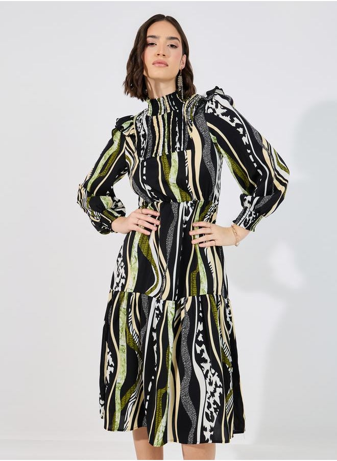 Styli - Abstract Print Shirred A-Line Midi Dress - Image 1