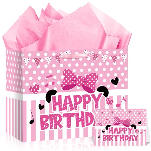 Peconal Cartoon Mouse Birthday Gift Bag with Tissue Paper and Card Pink Bow Stripe Wrapping Paper Bags Large Princess Mouse Theme Birthday Party Favor Bags for Girls Bday Baby Shower Party Supplies Decoration - Image 1