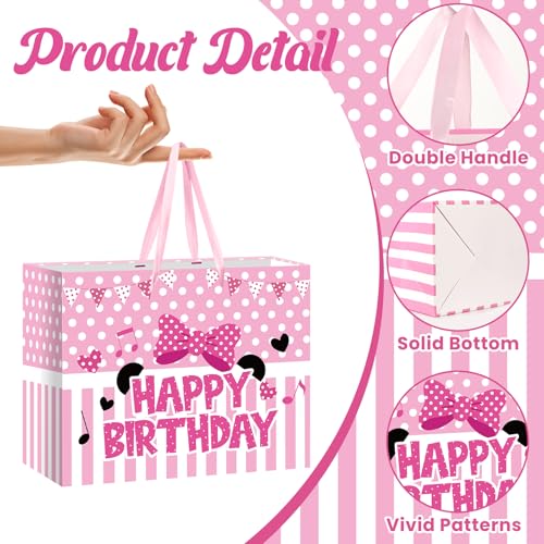 Peconal Cartoon Mouse Birthday Gift Bag with Tissue Paper and Card Pink Bow Stripe Wrapping Paper Bags Large Princess Mouse Theme Birthday Party Favor Bags for Girls Bday Baby Shower Party Supplies Decoration - Image 3