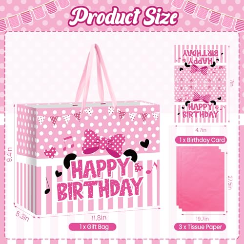 Peconal Cartoon Mouse Birthday Gift Bag with Tissue Paper and Card Pink Bow Stripe Wrapping Paper Bags Large Princess Mouse Theme Birthday Party Favor Bags for Girls Bday Baby Shower Party Supplies Decoration - Image 2