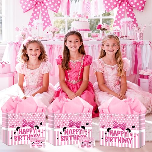 Peconal Cartoon Mouse Birthday Gift Bag with Tissue Paper and Card Pink Bow Stripe Wrapping Paper Bags Large Princess Mouse Theme Birthday Party Favor Bags for Girls Bday Baby Shower Party Supplies Decoration - Image 5