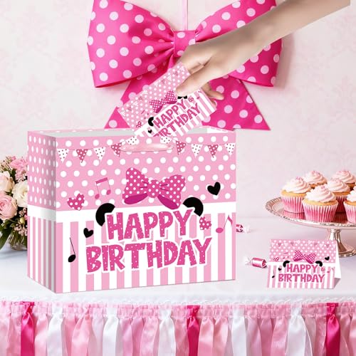 Peconal Cartoon Mouse Birthday Gift Bag with Tissue Paper and Card Pink Bow Stripe Wrapping Paper Bags Large Princess Mouse Theme Birthday Party Favor Bags for Girls Bday Baby Shower Party Supplies Decoration - Image 4