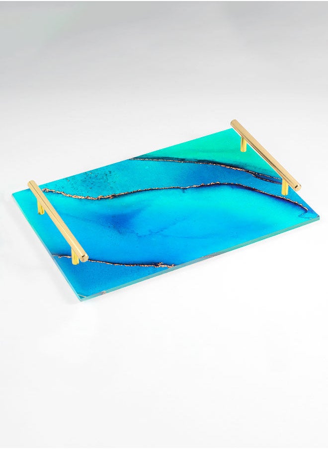 LOWHA Decorative Acrylic Serving Tray with Gold Color Metal Handles Multi Watercolor 20x30cm  - Image 1