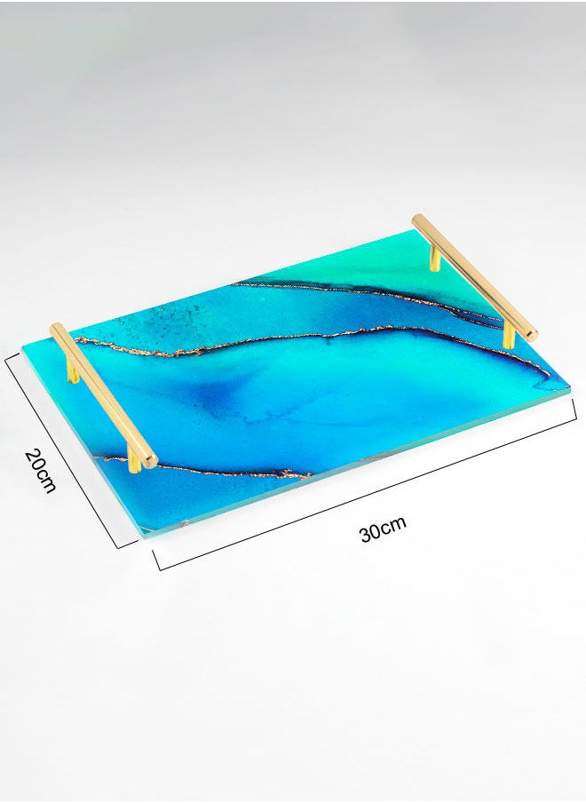 LOWHA Decorative Acrylic Serving Tray with Gold Color Metal Handles Multi Watercolor 20x30cm  - Image 2