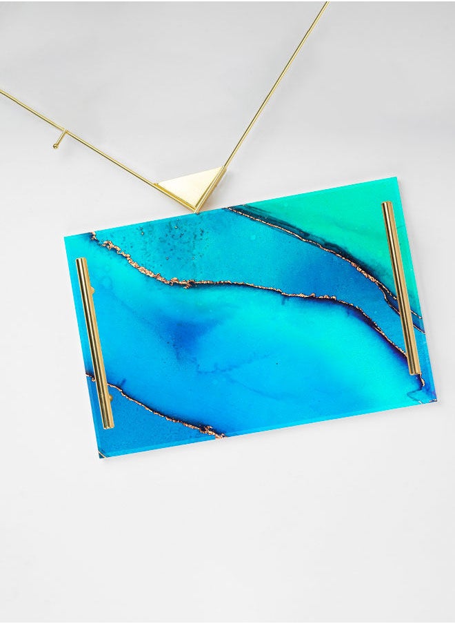 LOWHA Decorative Acrylic Serving Tray with Gold Color Metal Handles Multi Watercolor 20x30cm  - Image 3
