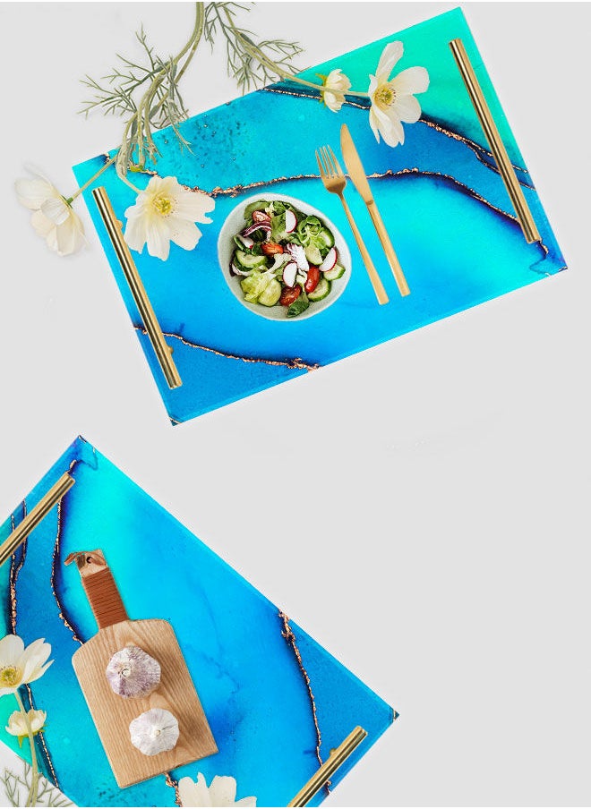 LOWHA Decorative Acrylic Serving Tray with Gold Color Metal Handles Multi Watercolor 20x30cm  - Image 4