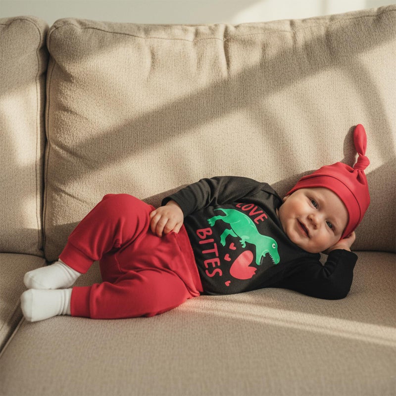Fernvia My First Valentines Day Baby Boy Outfit Newborn Letter Dinosaur Romper Onesie Red Pants Hat Infant Clothes Set (A Black, 0-3 Months) - Image 3