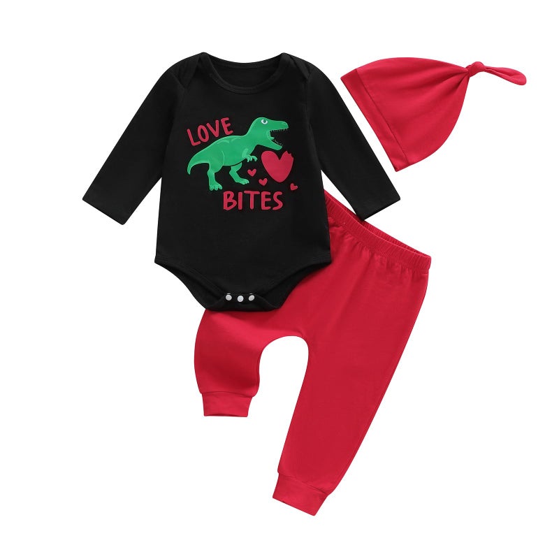 Fernvia My First Valentines Day Baby Boy Outfit Newborn Letter Dinosaur Romper Onesie Red Pants Hat Infant Clothes Set (A Black, 0-3 Months) - Image 1