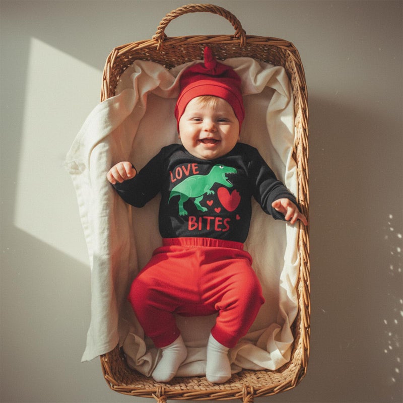 Fernvia My First Valentines Day Baby Boy Outfit Newborn Letter Dinosaur Romper Onesie Red Pants Hat Infant Clothes Set (A Black, 0-3 Months) - Image 2