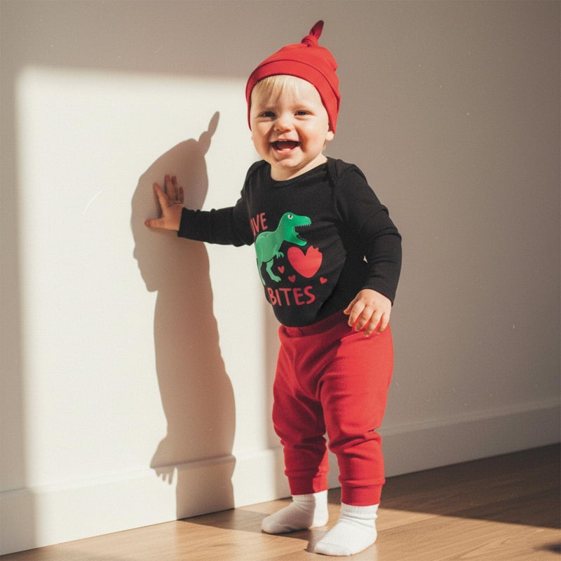 Fernvia My First Valentines Day Baby Boy Outfit Newborn Letter Dinosaur Romper Onesie Red Pants Hat Infant Clothes Set (A Black, 0-3 Months) - Image 4