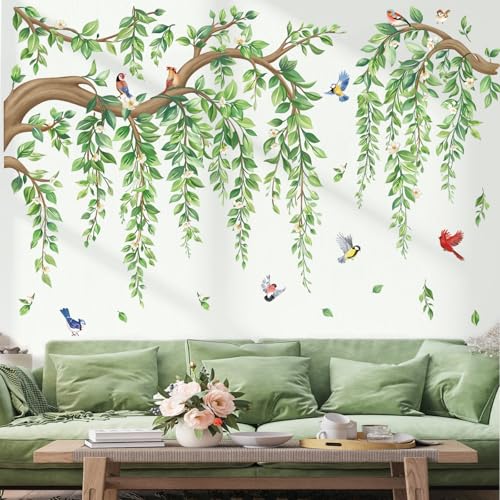 wondever Large Tree Branch Hanging Vine Wall Stickers Green Leaf Flower Birds Peel and Stick Wall Art Decals for Living Room Bedroom TV Wall - Image 3