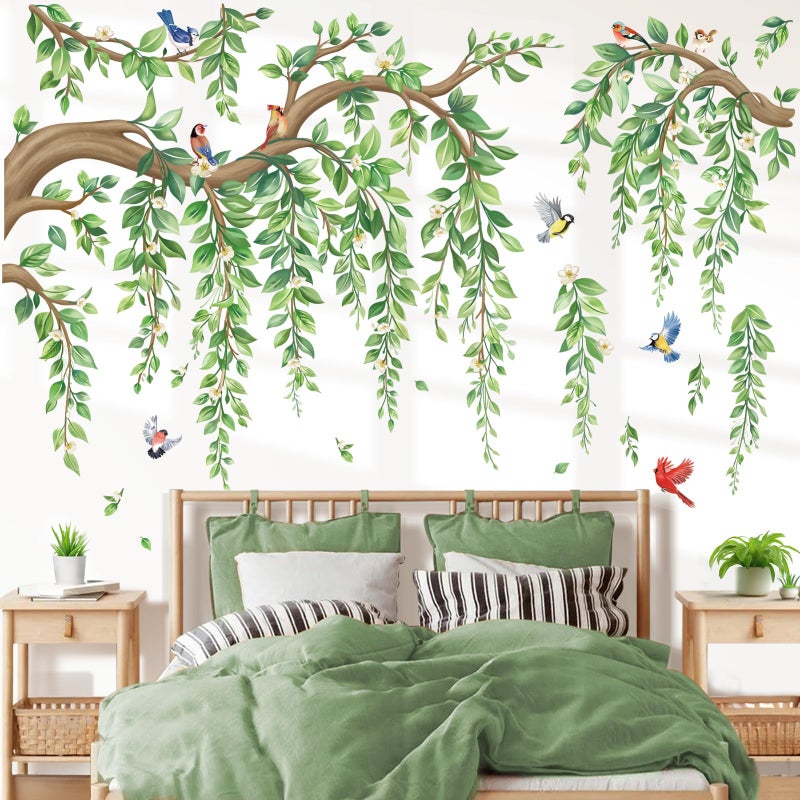 wondever Large Tree Branch Hanging Vine Wall Stickers Green Leaf Flower Birds Peel and Stick Wall Art Decals for Living Room Bedroom TV Wall - Image 2
