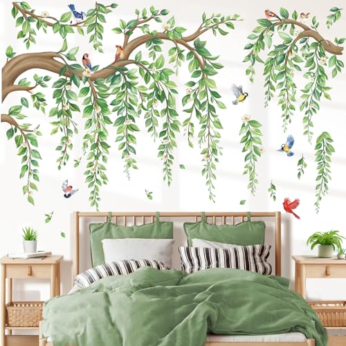 wondever Large Tree Branch Hanging Vine Wall Stickers Green Leaf Flower Birds Peel and Stick Wall Art Decals for Living Room Bedroom TV Wall - Image 1