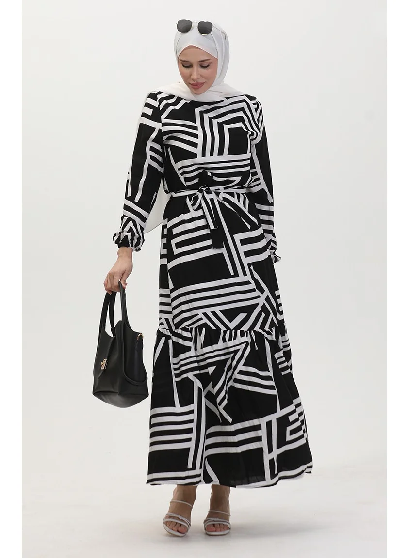 Sefa Merve Patterned Belted Dress 0459-03 Black and White