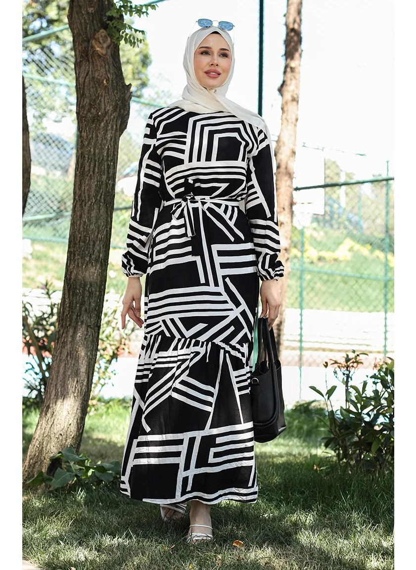 Sefa Merve Patterned Belted Dress 0459-03 Black and White