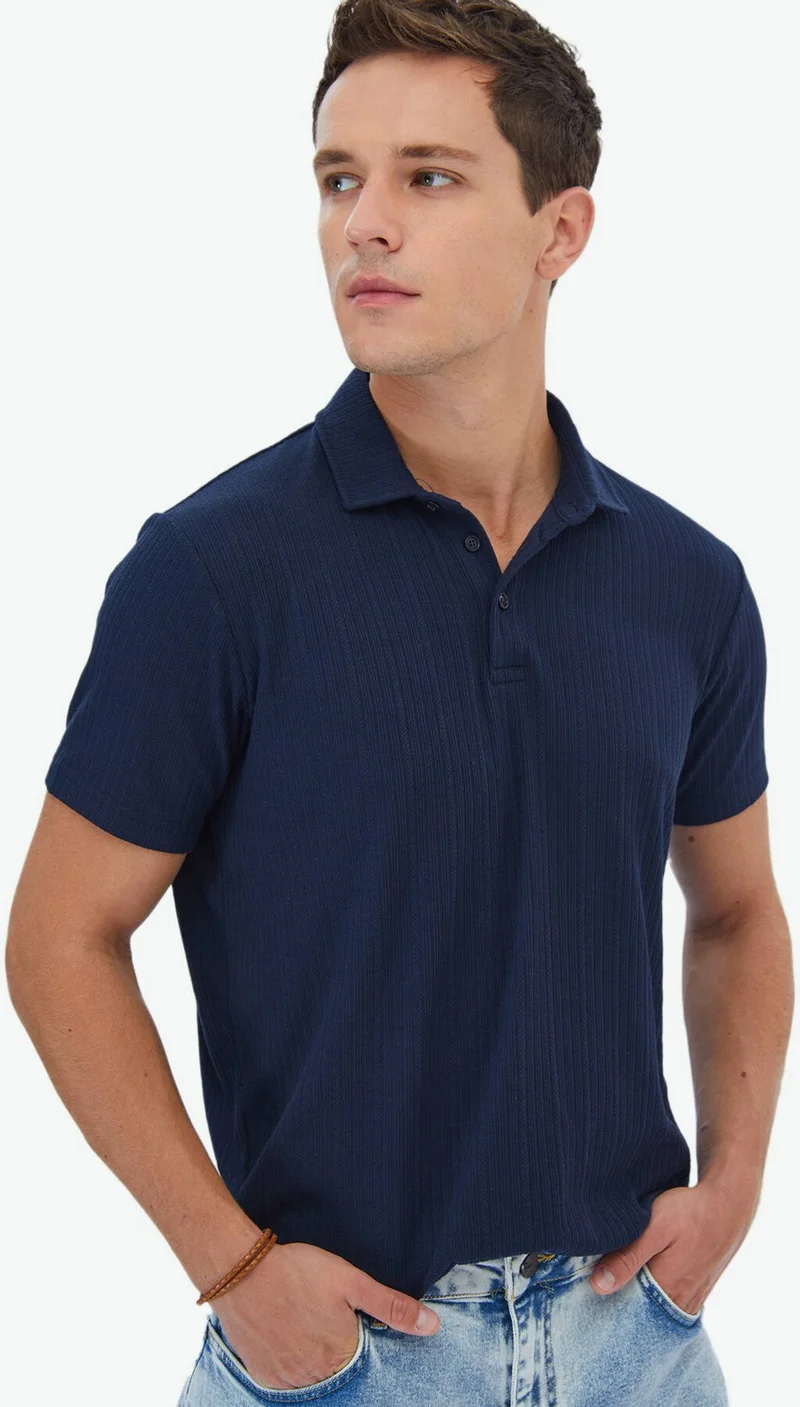 كيب Navy Blue Jacquard Polo Collar Cotton Blend T-Shirt