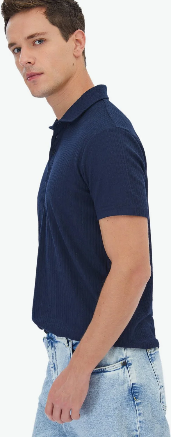 كيب Navy Blue Jacquard Polo Collar Cotton Blend T-Shirt