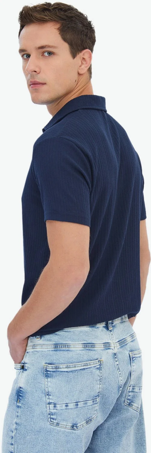 كيب Navy Blue Jacquard Polo Collar Cotton Blend T-Shirt