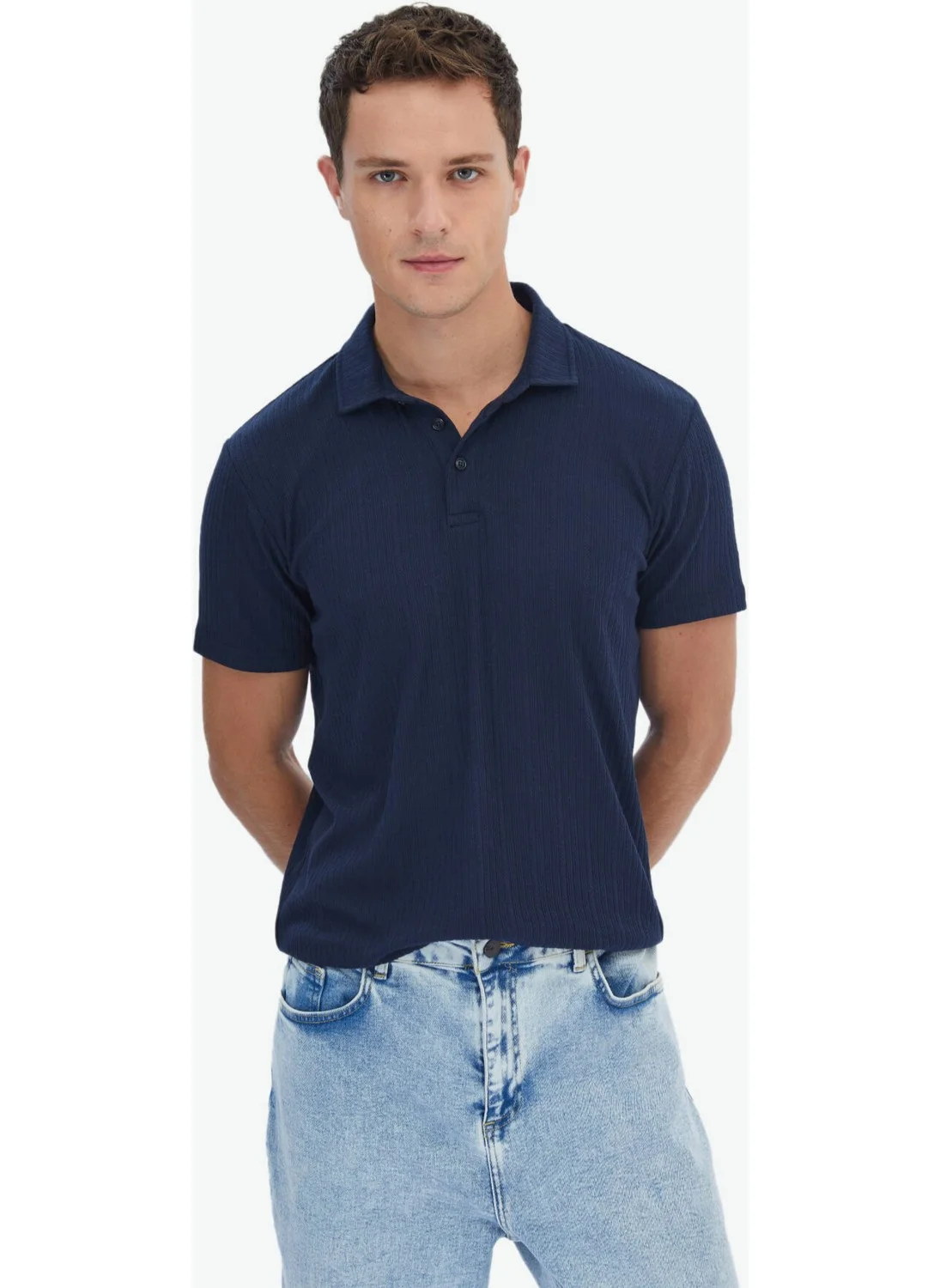 Kip Navy Blue Jacquard Polo Collar Cotton Blend T-Shirt