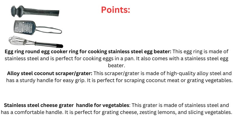 simsnura Simsnura Combo Alloy Steel Coconut ScrapperStainless Steel Cheese Grater with Handle for VegetablesEgg Ring Round Egg Cooker Ring for Cooking Stainless Steel Egg Beater Total 3 Product  - Image 3