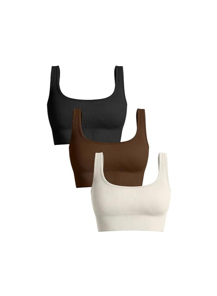Women's 3 Piece Medium Support Tank Top Ribbed Seamless Removable Cups Workout Exercise Sport Bra